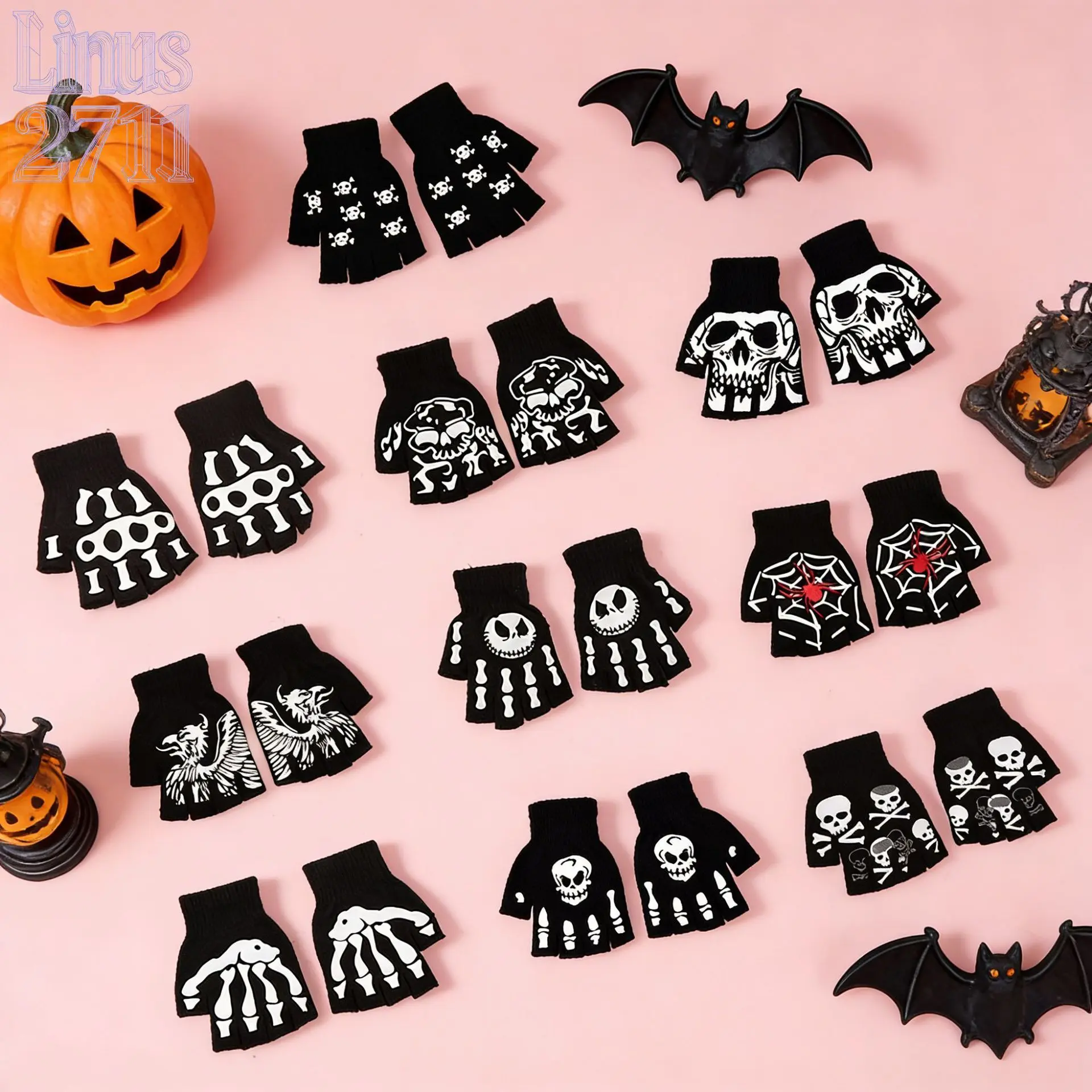 Halloween Skeleton Fingerless Knit Gloves Anti-Slip Silicone Dot Palm Multiple Horror Pattern Half Finger Warm Gloves Adult Gothic Cosplay Party Typing Accessory