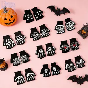 Halloween Skeleton Fingerless Knit Gloves Anti-Slip Silicone Dot Palm Multiple Horror Pattern Half Finger Warm Gloves Adult Gothic Cosplay Party Typing Accessory