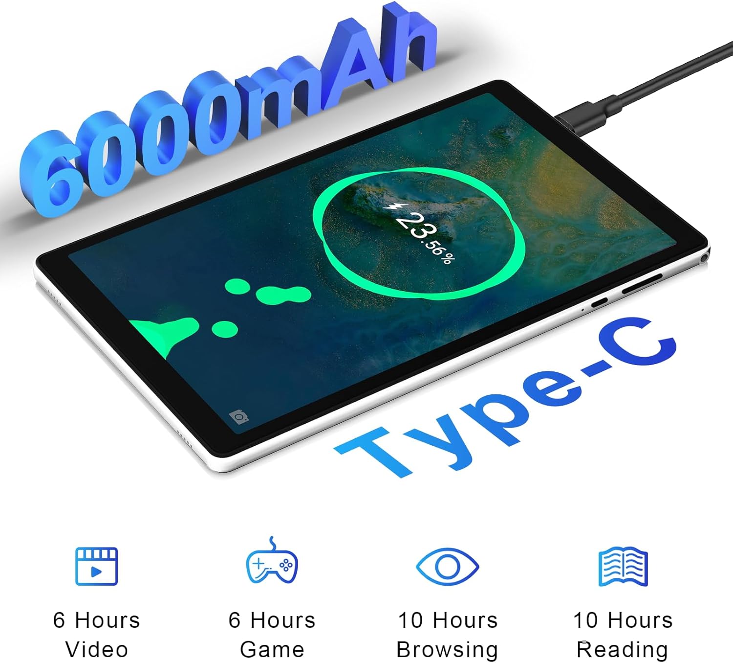 10.1 Inch Android 12 Tablet 32GB ROM 1TB Expandable Quad Core 6000mAh 1280x800 IPS Touch Screen 2+8MP Dual Camera Bluetooth WiFi Silver