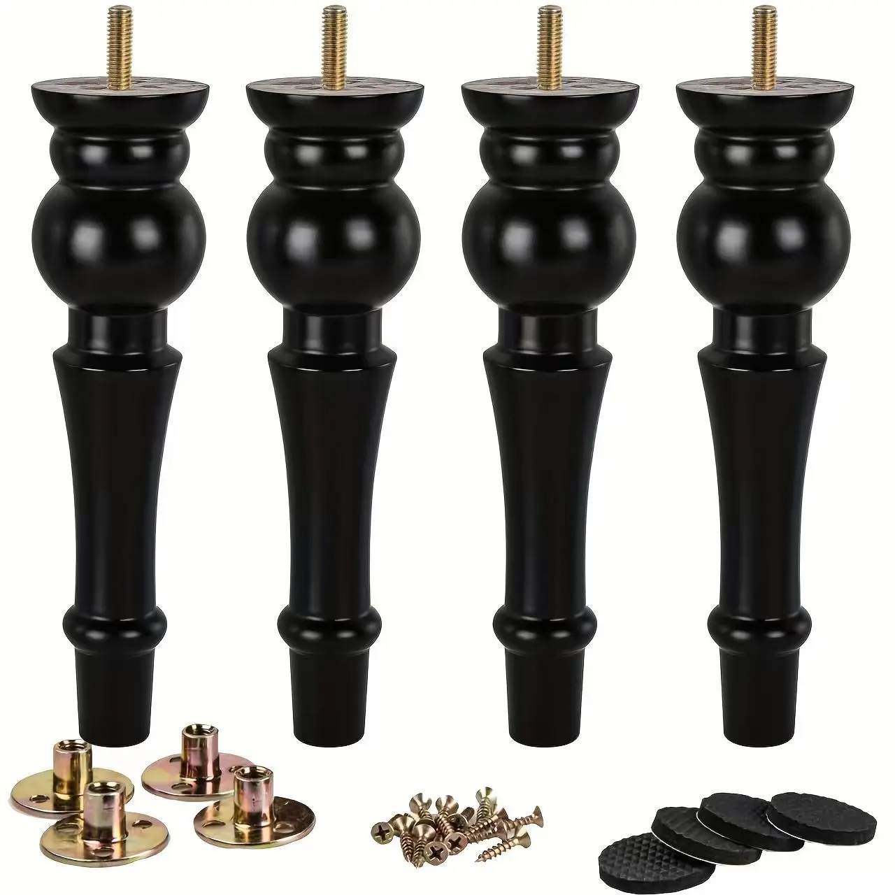 Wooden Furniture Legs, Furniture Support 4PCS Solid Oak Wood Turned Spindle Black Replacement Spool Feet with Easy Installation Pre-Drilled M8 Inch Bolt & Mounting Plate for Couch Sofa Armchair Dresser Chest 11inch/28cm