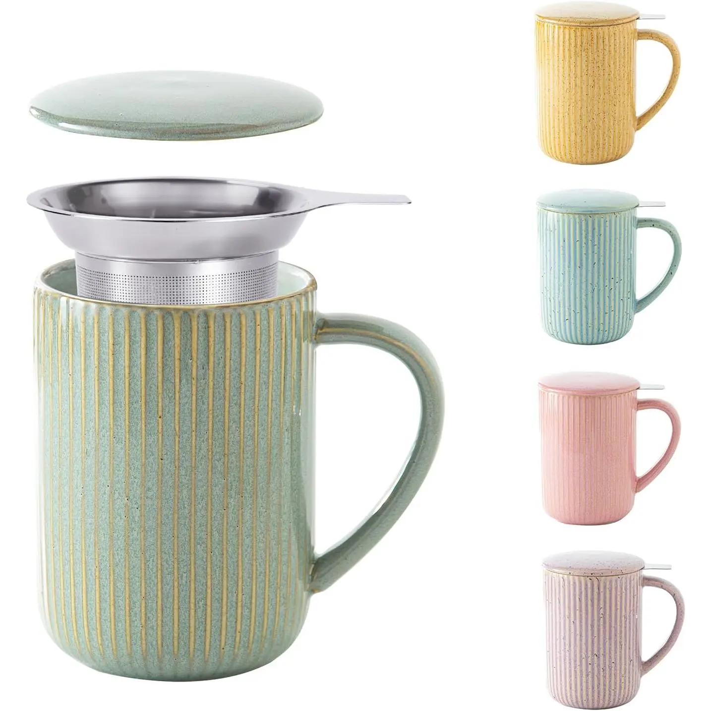 15.5oz/470ml Flambe Green Ceramics Teacups with Infuser and Lid, Loose Leaf  Cup