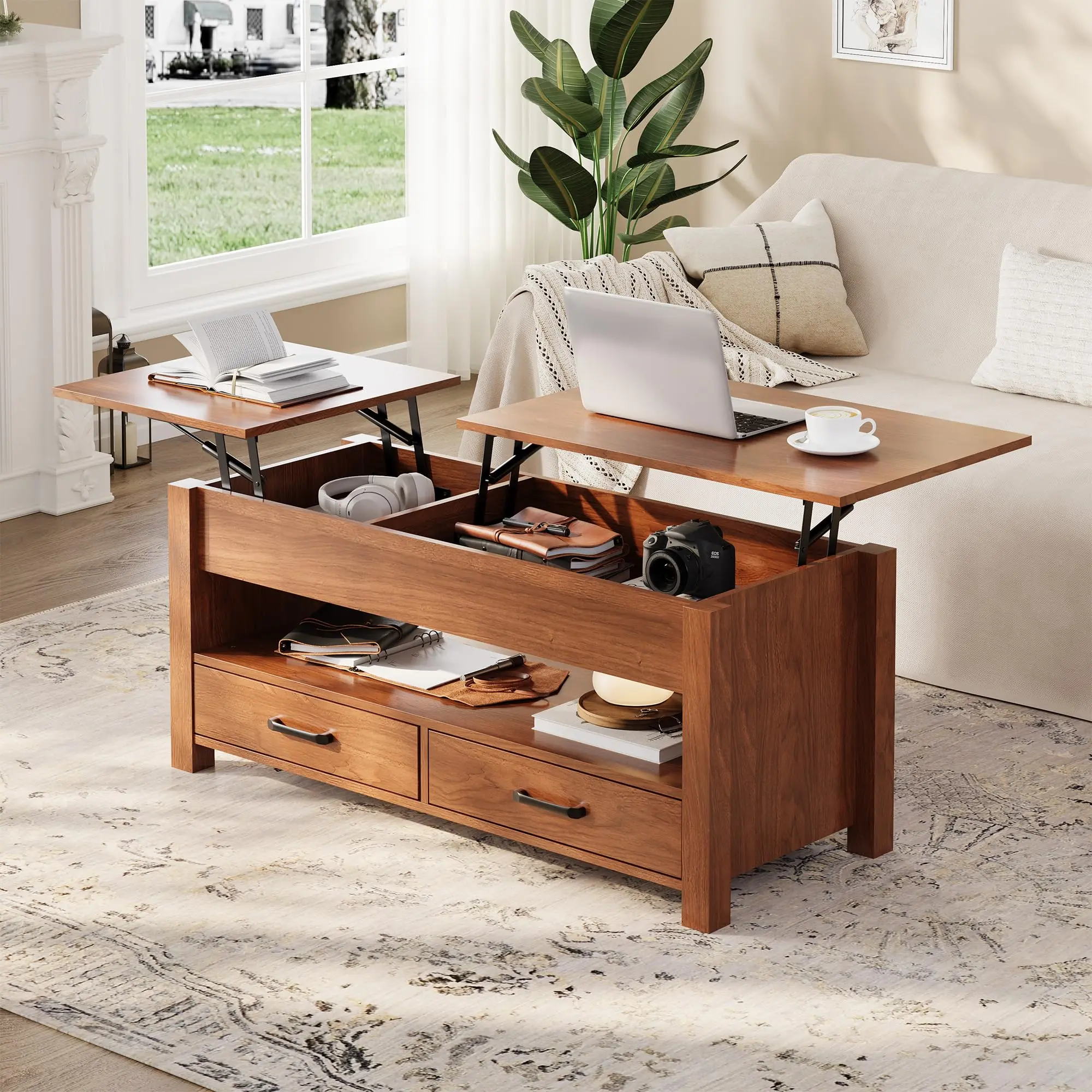 Lift-Top Coffee Table with convertible wooden top and hidden storage space, equipped with 2 drawers. Modern multi-purpose table for living room, office, dining and gaming, simple to assemble