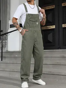 Men's Denim Workwear Overalls, Adjustable Shoulder Straps, Plain Design, Loose-Fit, Button Fly, Long Pants, Street Style, All Seasons
