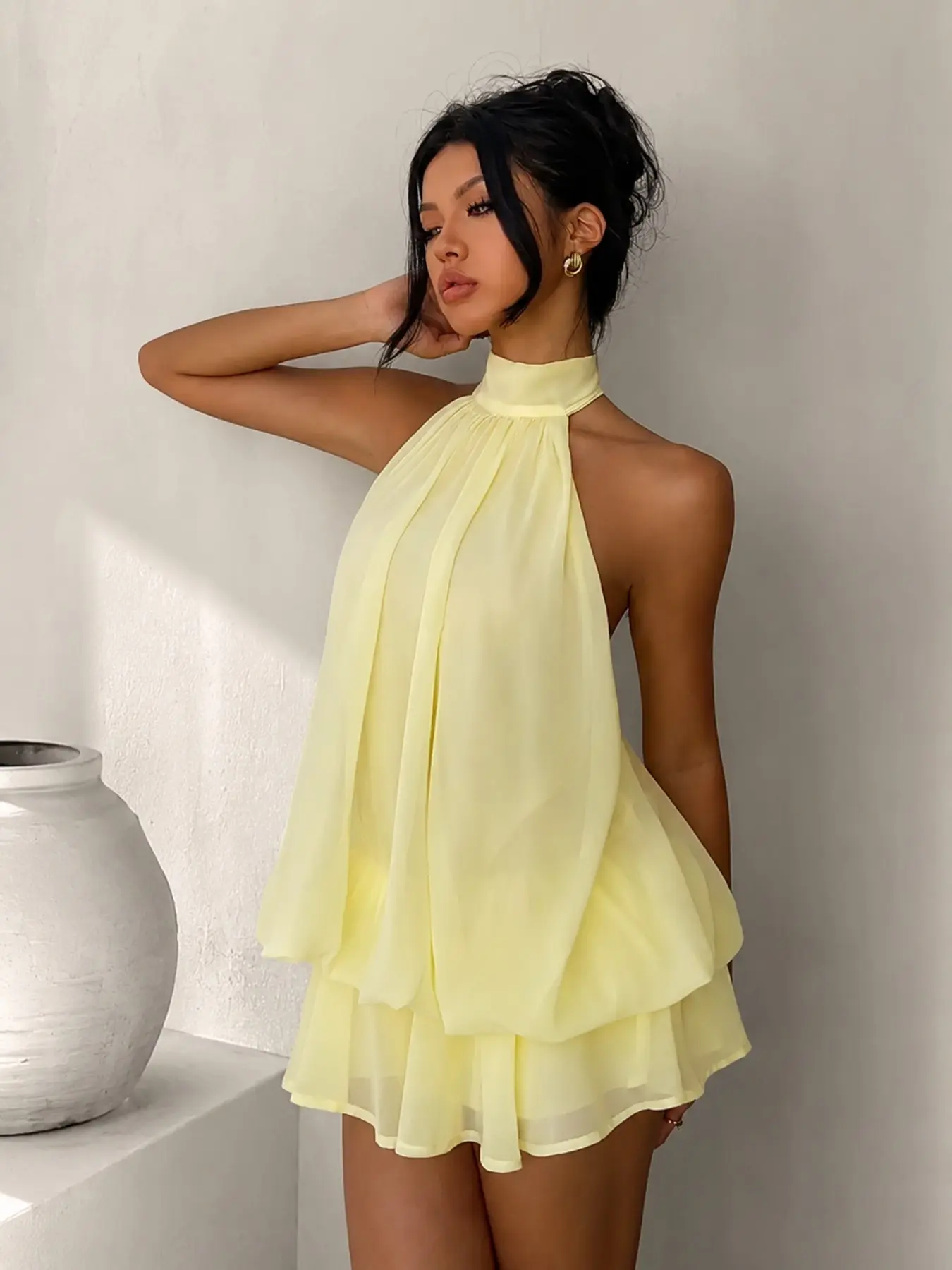 Women's Halter Neck Dress, Sleeveless Backless Bow Chiffon Skirt, Lightweight Flowy Chic Casual Short Dress, Summer Beach Vacation