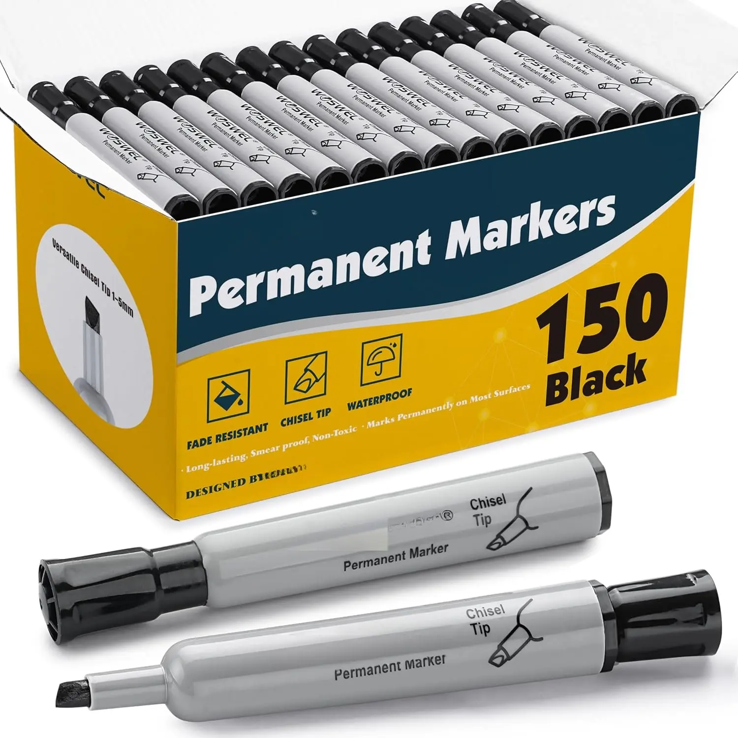 150 Pack Permanent Markers Bulk, Chisel Tip, Black,  Thick Large Permanent Markers, Wide Tip Markers, Works  Plastic,,Stone,Metal and ,  for Signs and Posters