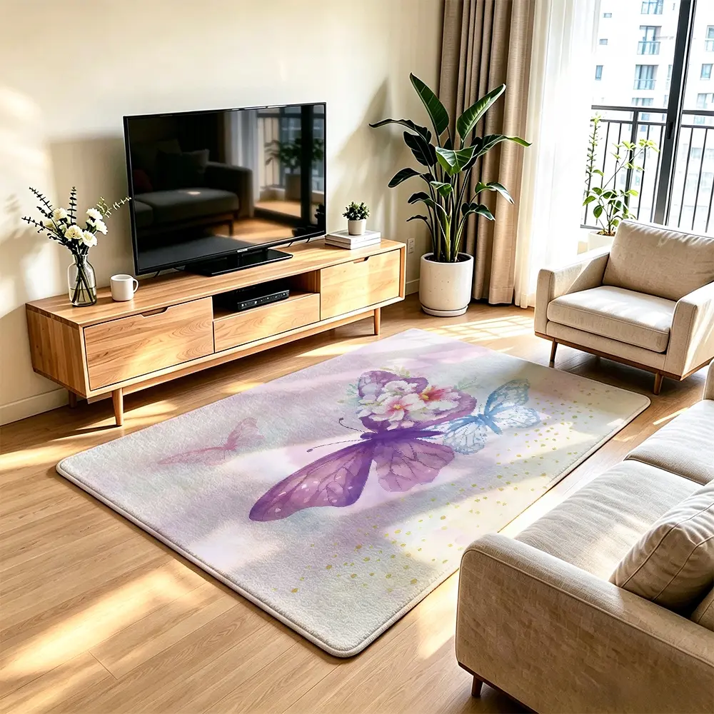 1pc Dreamy Watercolor Purple Butterfly Floral Print Rectangular Large Floor Mat, Non-slip Rug for Hotel Bedroom Living Room Sofa Bedside, Aesthetic Room Home Decor Art Supplies Gift