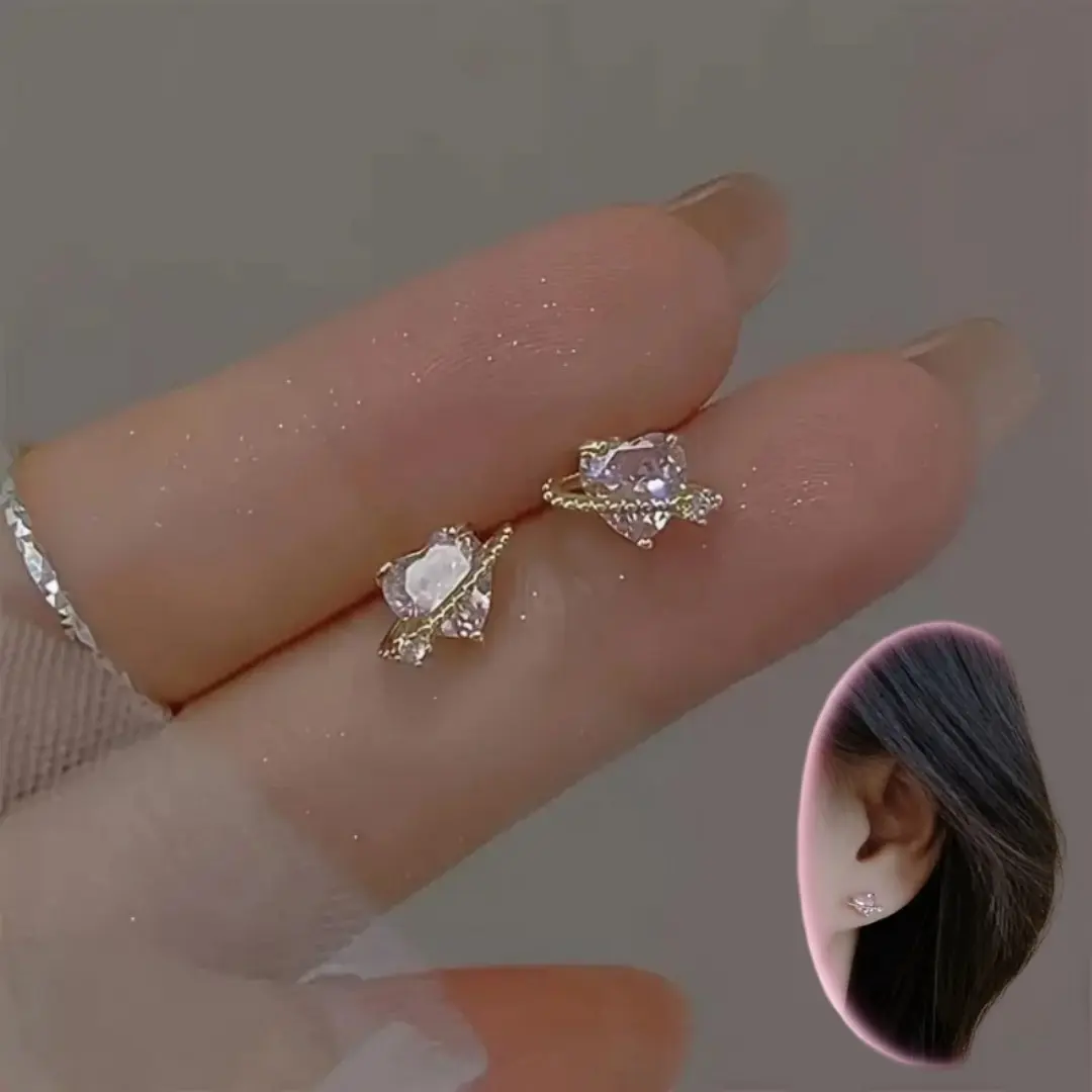 1 Pair Pink Heart Planet Cubic Zirconia Stud Earrings, Dainty Crystal Ear Studs, Aesthetic Daily Jewelry Accessories for Women Girls