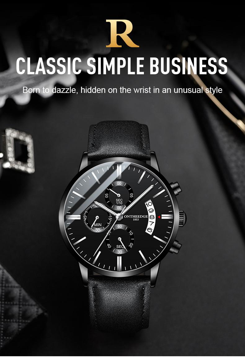 Men's Luxury Black Chronograph Quartz Watch - Leather Strap Wristwatch with Date, Multi-Function Subdials, Luminous Hands, Business Casual Dress Watch, Perfect Gift for Him