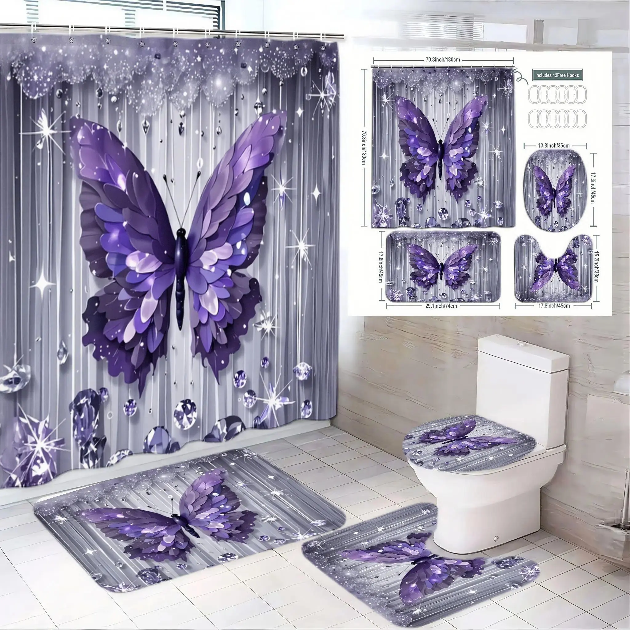 4pcs Elegant Purple Butterfly Bathroom Decor Set with Striped Shower Curtain, Matching Toilet Seat Cover, and Decorative Floor Mats, Perfect for a Glamorous Spring Refresh with Stunning Silver Accents and Sparkling Details
