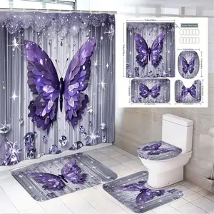 4pcs Elegant Purple Butterfly Bathroom Decor Set with Striped Shower Curtain, Matching Toilet Seat Cover, and Decorative Floor Mats, Perfect for a Glamorous Spring Refresh with Stunning Silver Accents and Sparkling Details