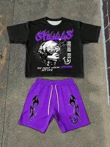 Men's fashionable casual Summer Sportswear set: Casual Athletic Wear, American-style graphic print crew neck T-shirt and drawstring shorts set. Comfortable, versatile, and suitable for outdoor activities.