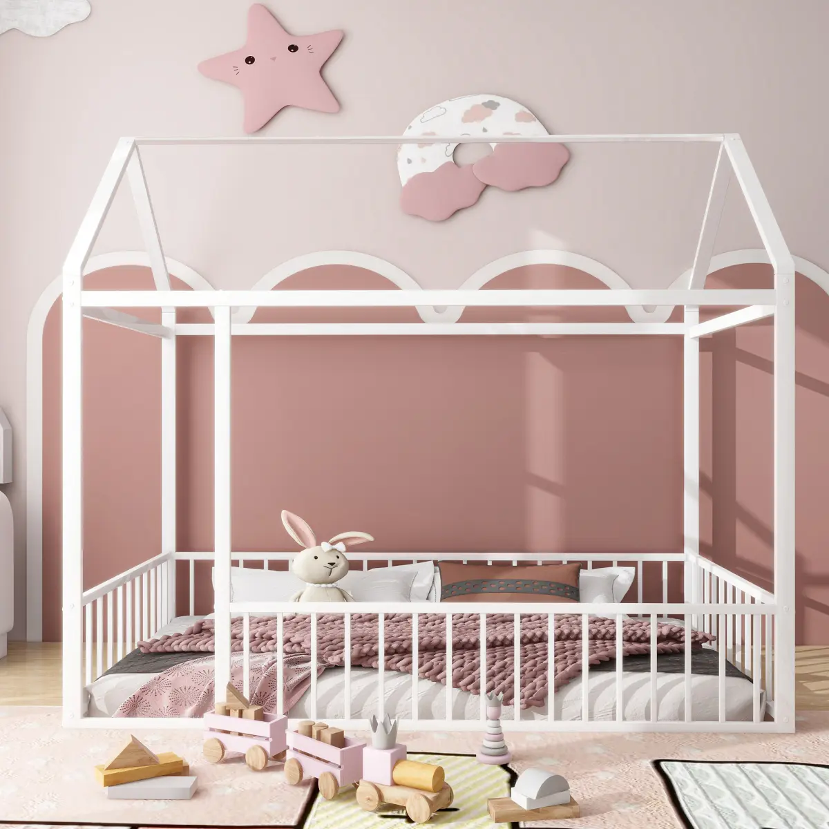 Twin Size Metal Frame Playhouse Bed for Kids (46.3 lbs, 77.56"l x 40.55"w x 67"h) - Kid-Safe Beds with Playhouse Design, Secure Semi-Enclosed Sleeping Area, Roof & Fence, No Box Spring Needed, Easy Assembly for Ages 6+