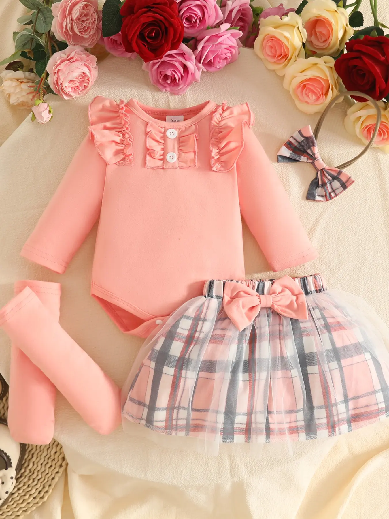 5-Piece Set for Newborn Girls 0-1 Years, Casual Solid Long Sleeve Romper, Plaid Mesh Skirt, Hair Tie, Fall Outdoor Wear, Batch 2024jj