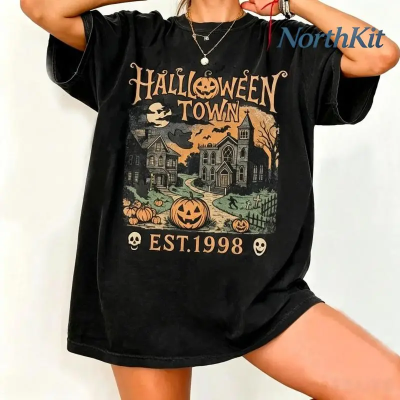 Unisex Vintage 90s Streetwear Round Neck Casual Graphic Tee - Halloweentown Est 1998 Retro Halloween University Spooky Sports Top, T Shirts