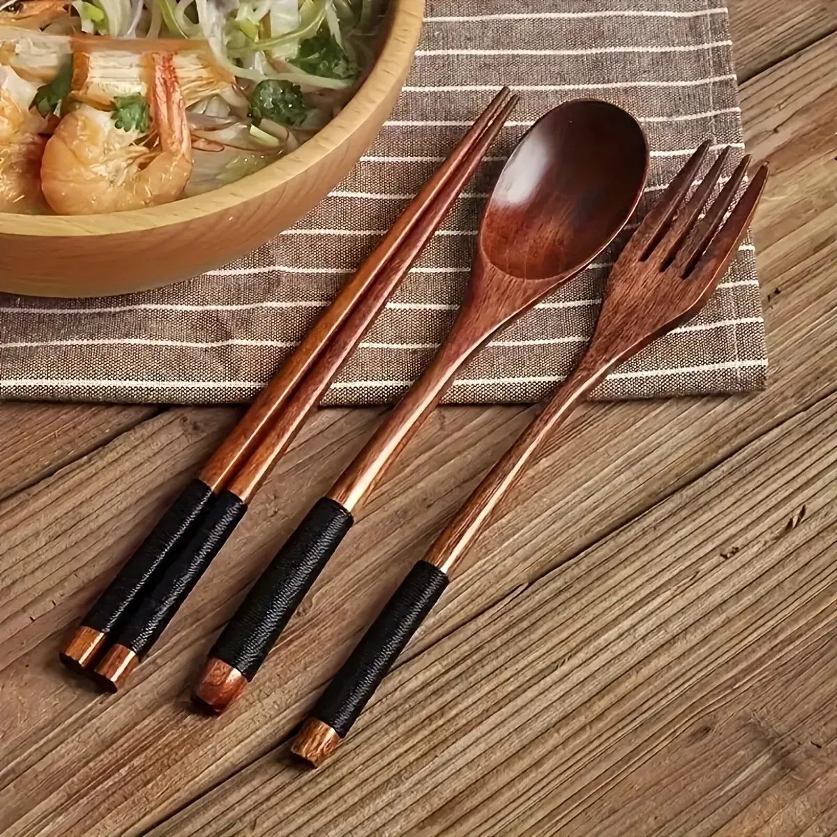 3pcs Japanese Wooden Utensil Set with Retro Cloth Bag, Perfect for Travel, Picnics, Camping, or Everyday Use - Includes Spoon, Fork, and Chopsticks