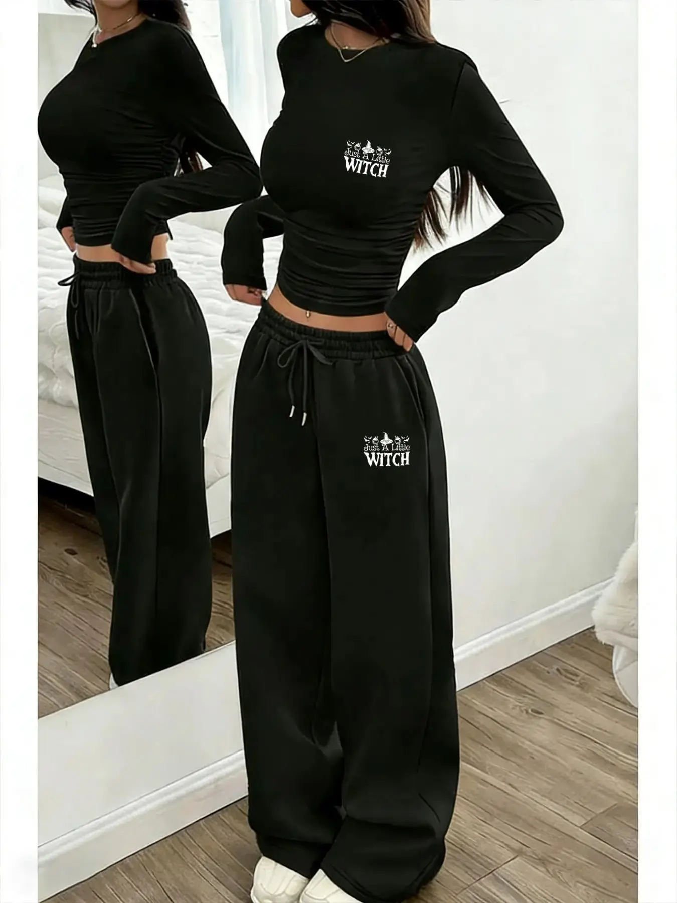 Women Minimal Dark Lazy Two Piece Matching Outfit Soft Stretch Knit Solid Black Side Shirred Crop Long Sleeve Top Drawstring High Waist Drape Wide Leg Floor Length Pant With Just A Little Witch White Graphic Print For Home Campus Cafe Daily Wear 2026 Tren