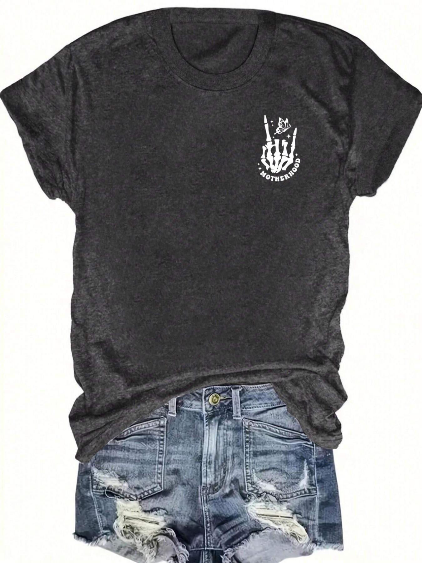 Women's Skull & Letter Graphic Round Neck Tee, Casual Fashion Drop Shoulder Half Sleeve T-Shirt, Tops for Daily Wear, Ladies Clothes for All Seasons