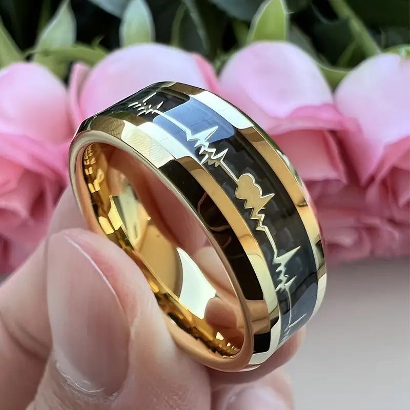 8mm Beveled Inlay Black Carbon Fiber Gold Heart Rate Design High Quality Stainless Steel Ring