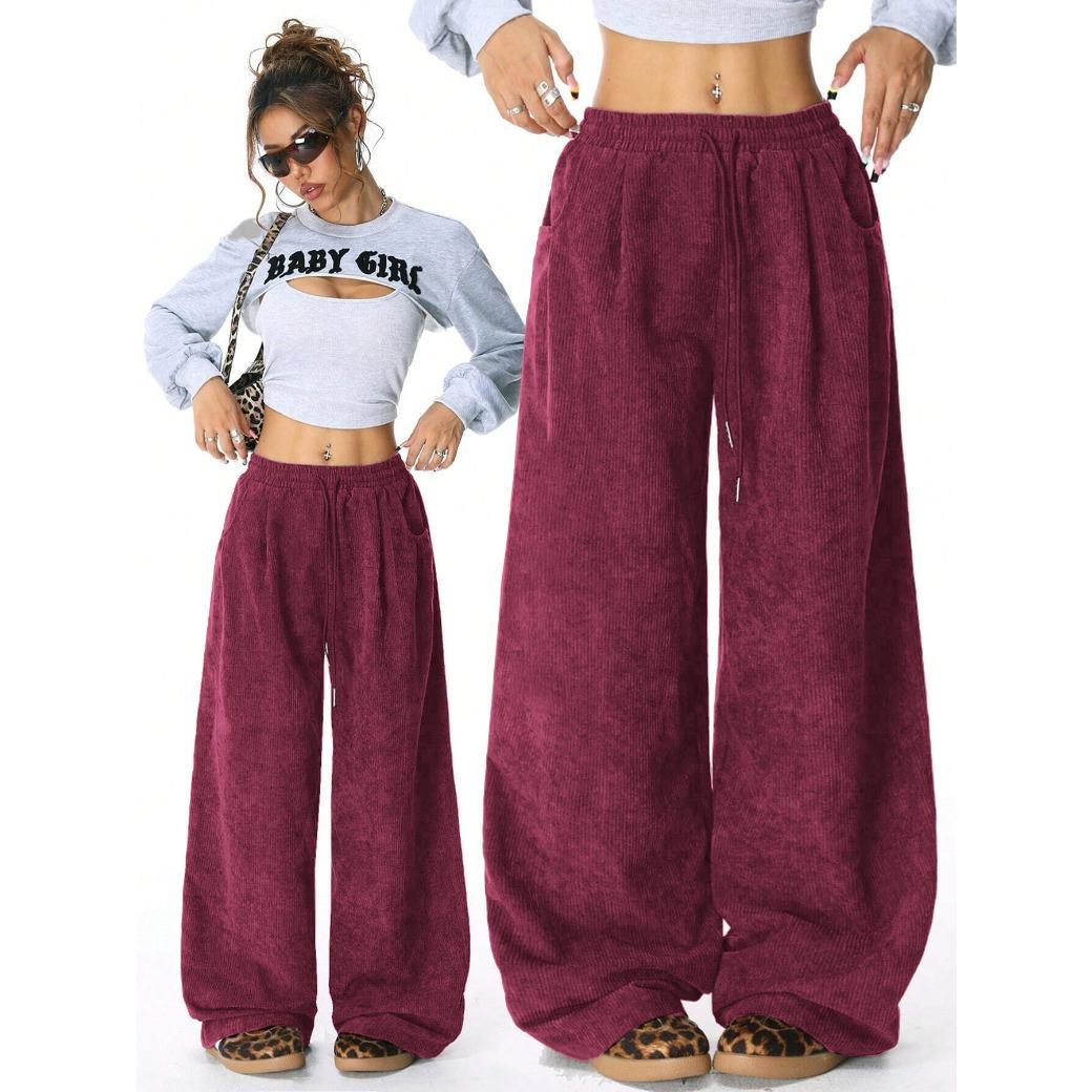 Womens Retro Corduroy Cargo Pants Vintage Y2K Hip Hop Streetwear Drawstring Elastic Waist Straight Wide Leg Trousers Loose Baggy Relaxed Fit Casual Daily Commute Outdoor Fashion Trendy Fall Winter Essential Bottoms For Women Adults