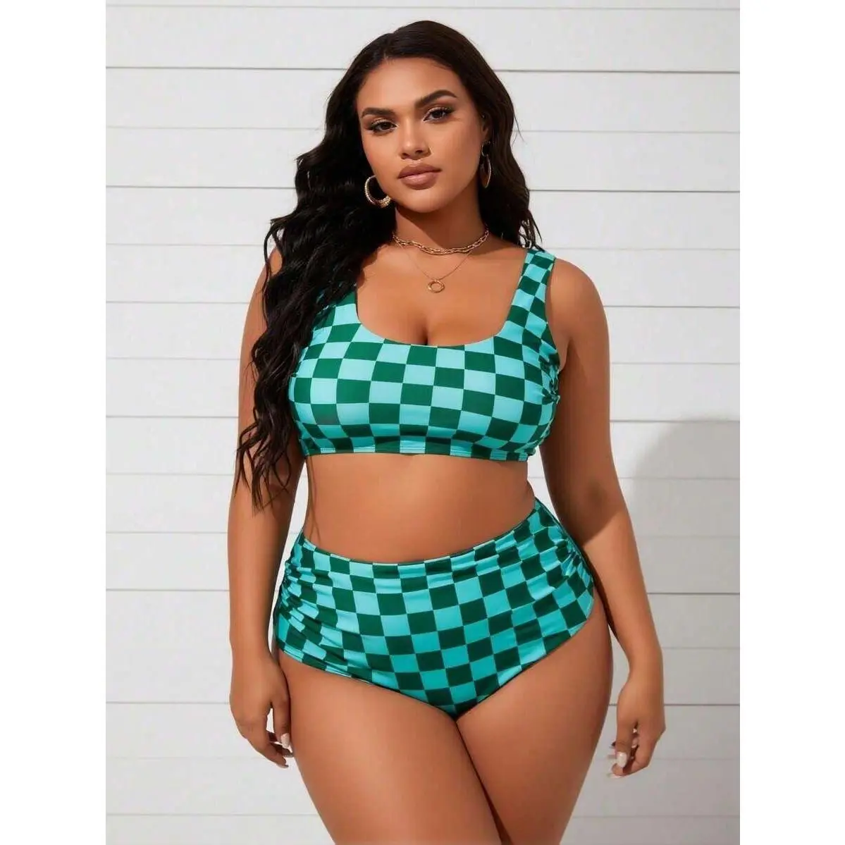 Women's 2026 New Plus-Size Knit Beachwear Bikini - Checkerboard Print Crew Neck Backless Bra Top, High-Waist Bottoms