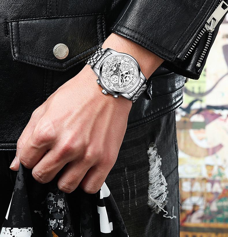 Men's Luxury Gold Skeleton Quartz Watch - Fully Iced Out Diamond Encrusted Wristwatch with Chronograph Tachymeter, Date Display, Stainless Steel Band, Perfect Gift for Him