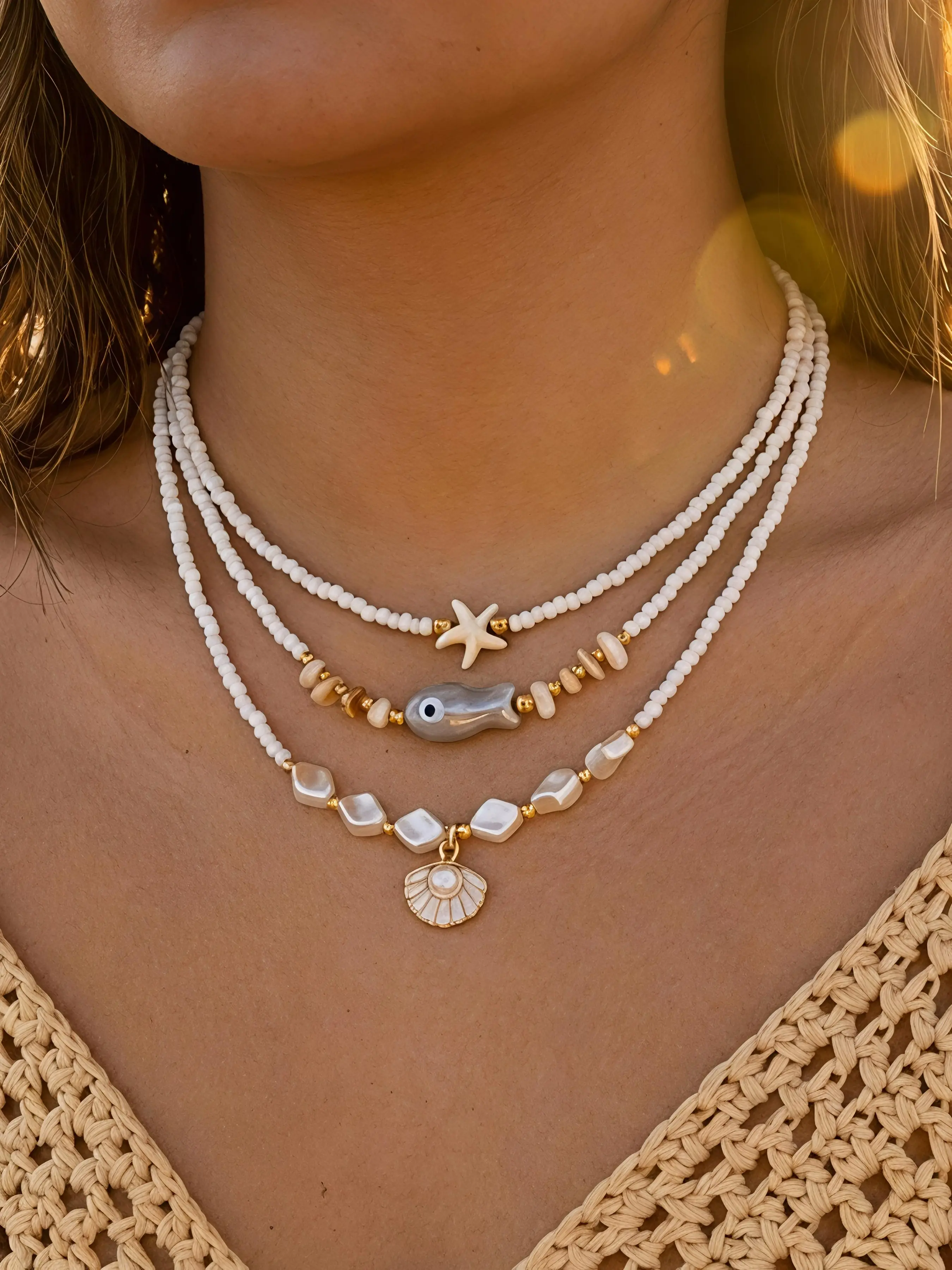 Boho Shell Starfish Beaded Necklace, Layered Beach Jewelry for Women, Summer Vacation & Travel, Stylish Coastal Accessory