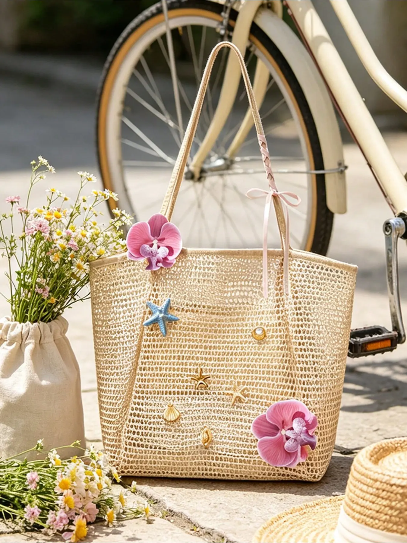 Breathable Hollow Out Straw Beach Tote Bag, Light Large Capacity Shoulder Handbag, Bow, Shell Pearl Decor, Perfect for Travel & Daily Use