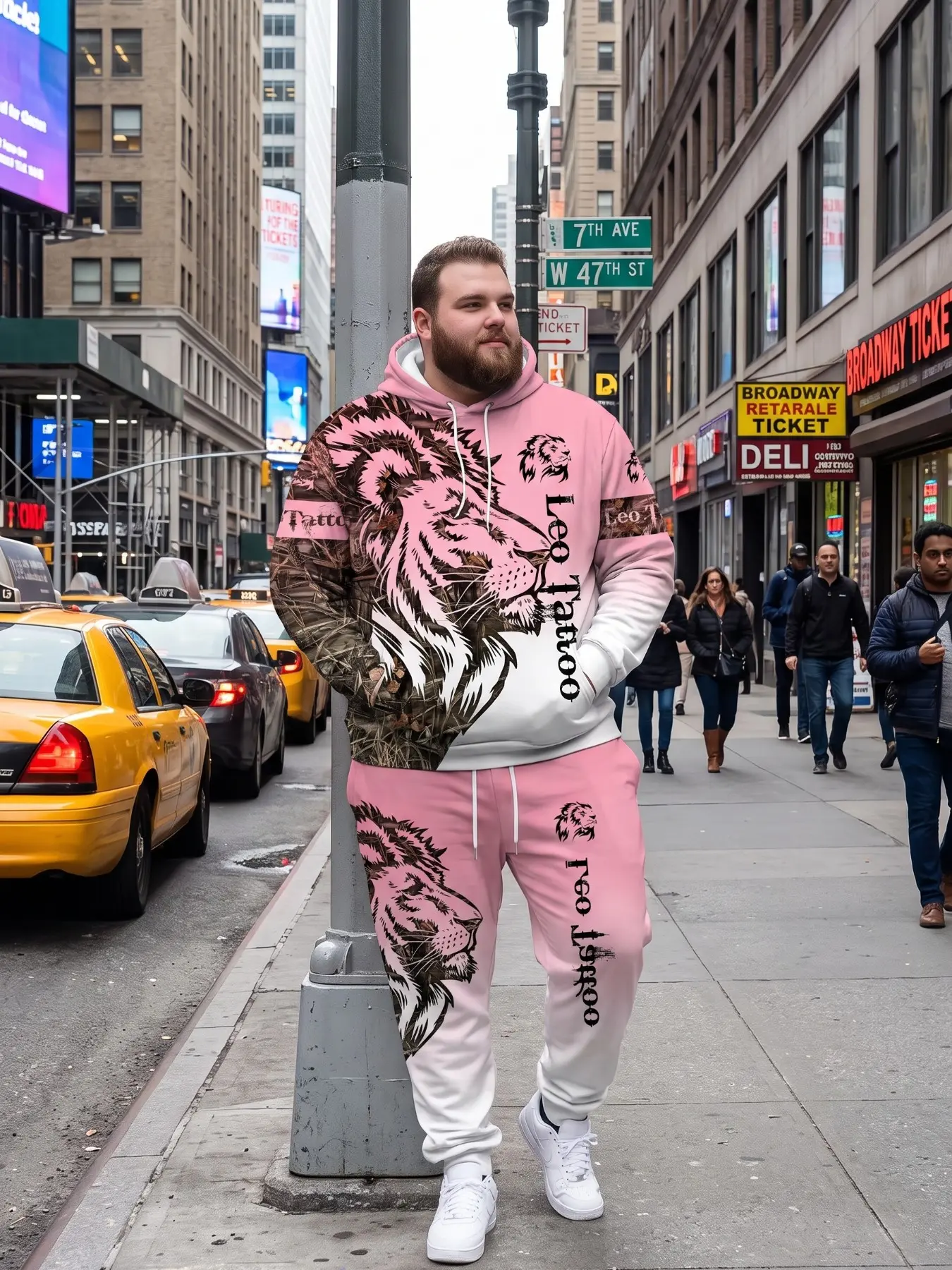 Men's Plus Size 2-Piece Set, Gradient Tiger Head Tattoo Sweatshirt and Pants, Casual Long Sleeve Slim Fit, All Seasons Wear