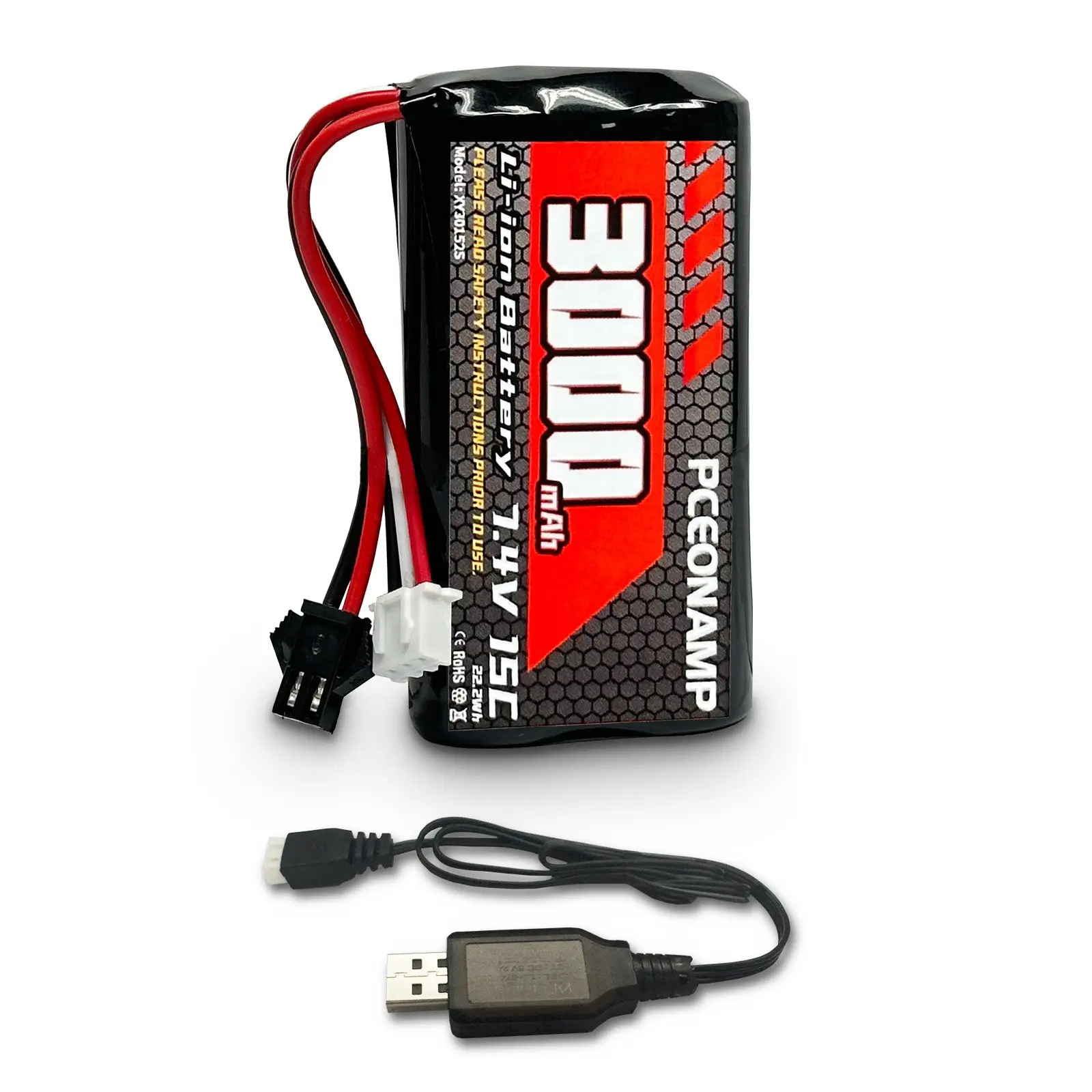 PCEONAMP 7.4V Li-ion Battery 3000mAh 2S Battery with SM-2P Plug Rechargeable High Capacity RC Battery Fit for WPL C24 MN D90 RC Cars, H101 RC Boat RC Truck Batteries with 1 USB Charger