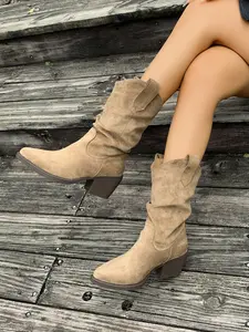 American Vintage Pleated Mid-Calf Western Boots, Pointed Toe Thick Heel Sandstone Jeans Women's Boots, Two-Tone Large Size Casual Knight Boots