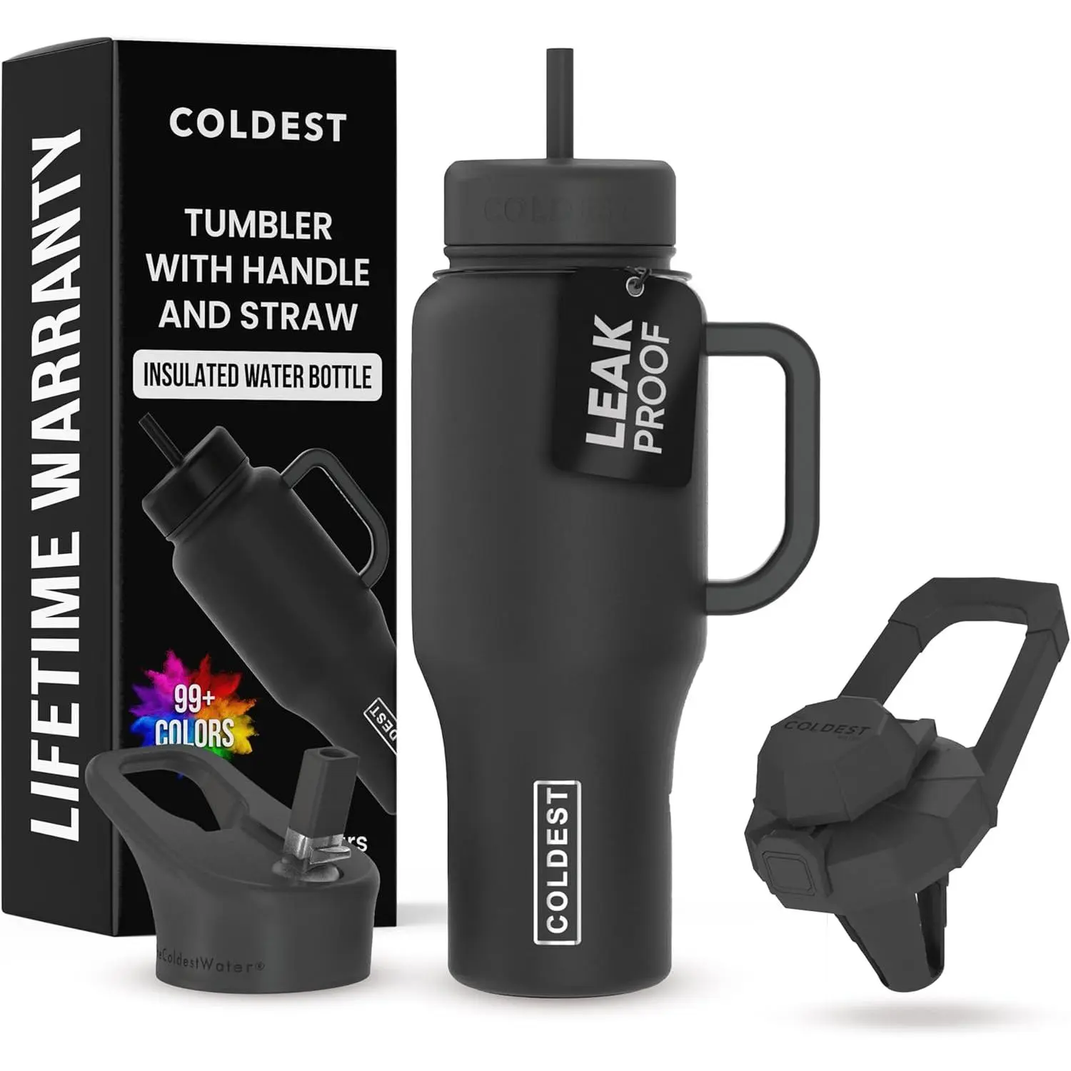 Coldest with Handle and Straw - 100% Leak with Lid and Straw (3 Lids) - Stainless Tumblers for & Men - Cup Holder Friendly Base, 36 oz (Black)