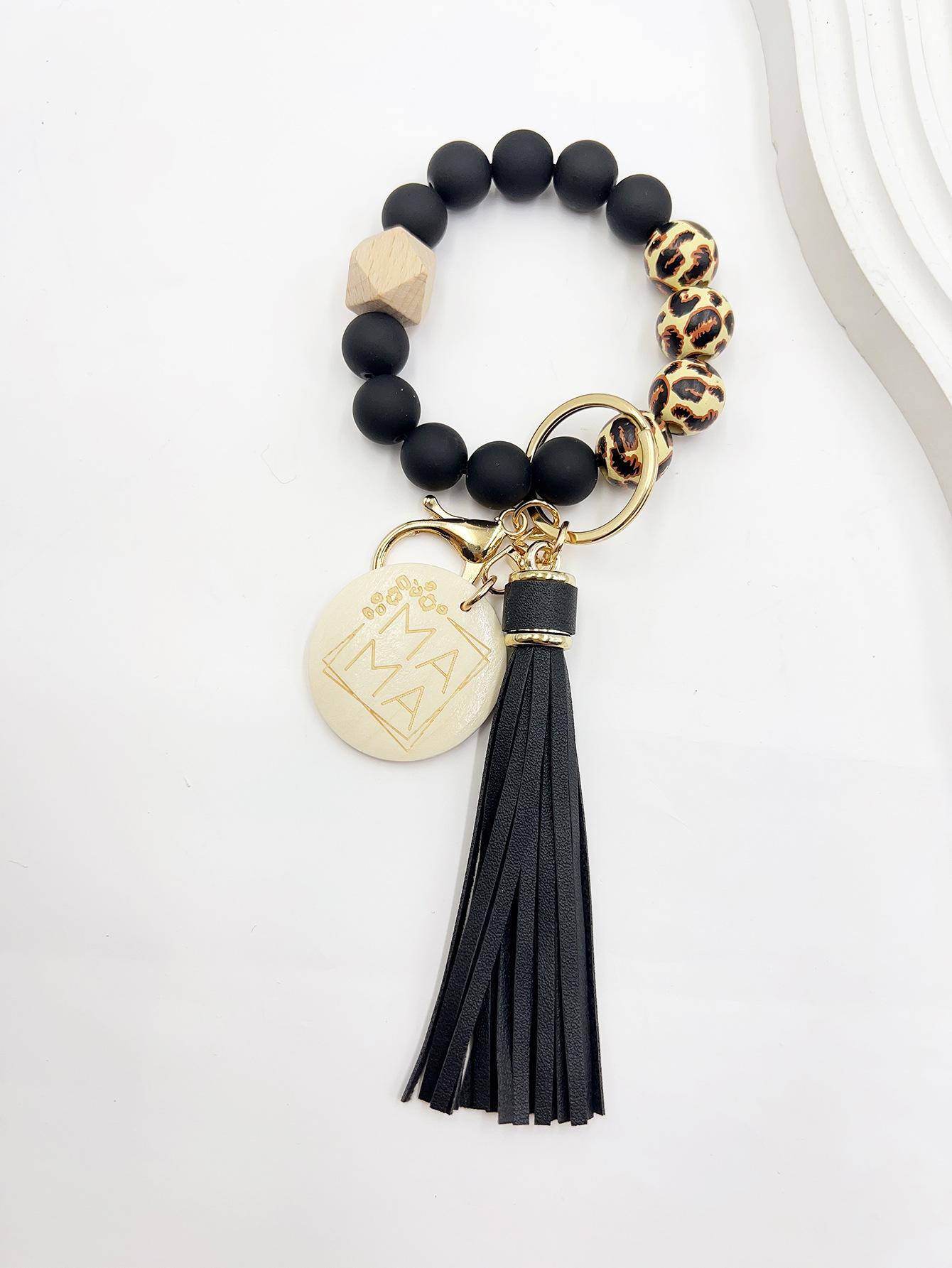 Wrist keychain, bag pendant, key ring, silicone bead bracelet, tassel, wooden beads, MAMA wood piece
