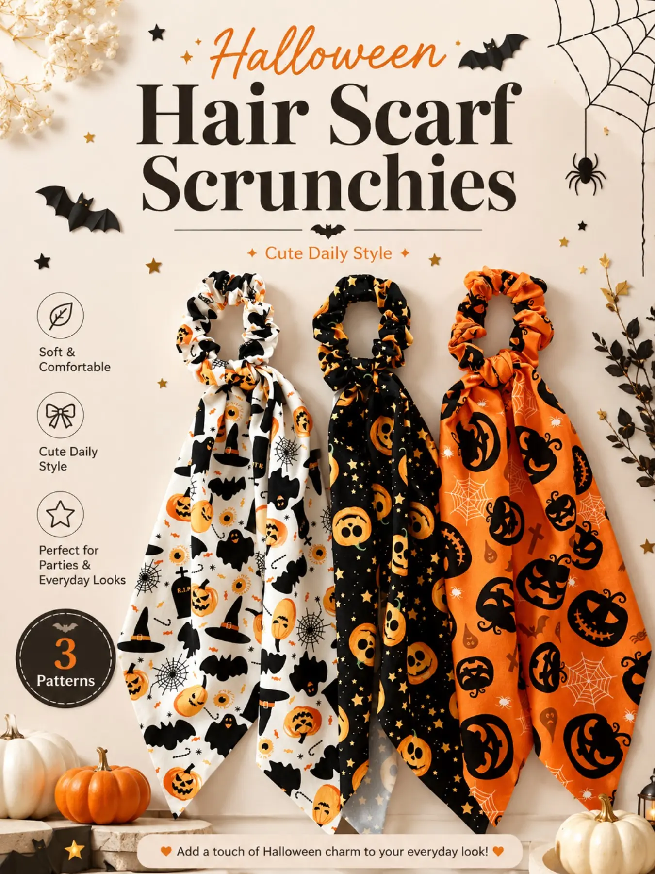 3 Pcs Halloween Hair Scarf Scrunchies Set, Pumpkin Bat Spider Print Bow Streamer Hair Scrunchy, Soft Fabric Elastic Hair Ties, Halloween Party Hair Accessories Gift for Women Girls