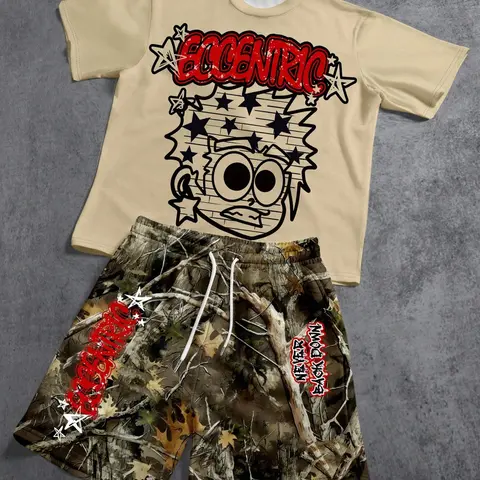 Men's 2-Piece Cartoon Print Graphic Fitted T-Shirt Set + Camouflage Print Shorts Set, a Casual Streetwear Style Outfit Suitable for Everyday Wear, Summer Occasions, Vacations, and Outdoor Leisure Clothing Sets, Tee