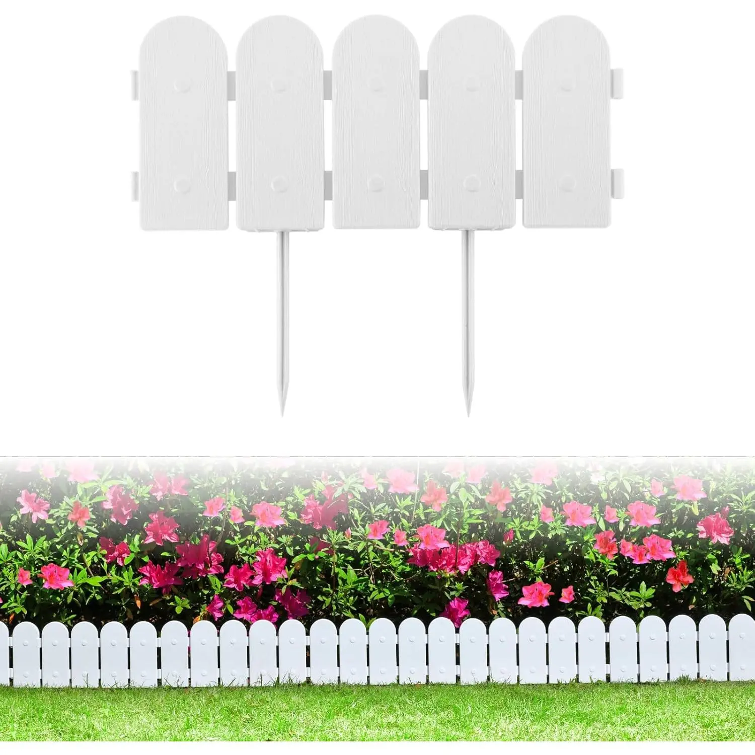 Garden Border Edging: Wooden Fence Design - 8 count White Yard Landscaping Fence Liner Lawn  Barrier - 10ft Kit of Decorative Lawn Landscape Panels  -Landscaping Edging-GMT-10374-D08