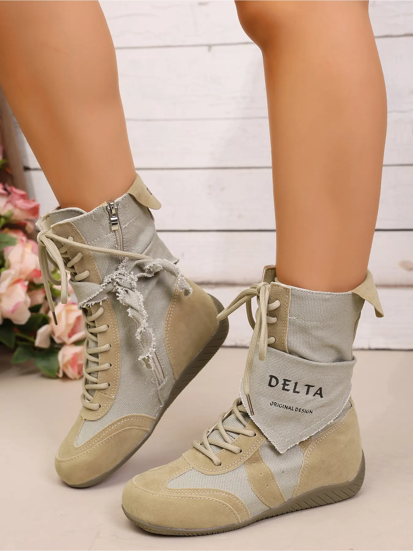 Women's Shoes Retro Canvas Suede Patchwork Mid Calf Boots Frayed Fabric Wrap Letter Print Decor Round Toe Lace Up Side Zipper Casual Street Daily Wear Mid Booties For Ladies