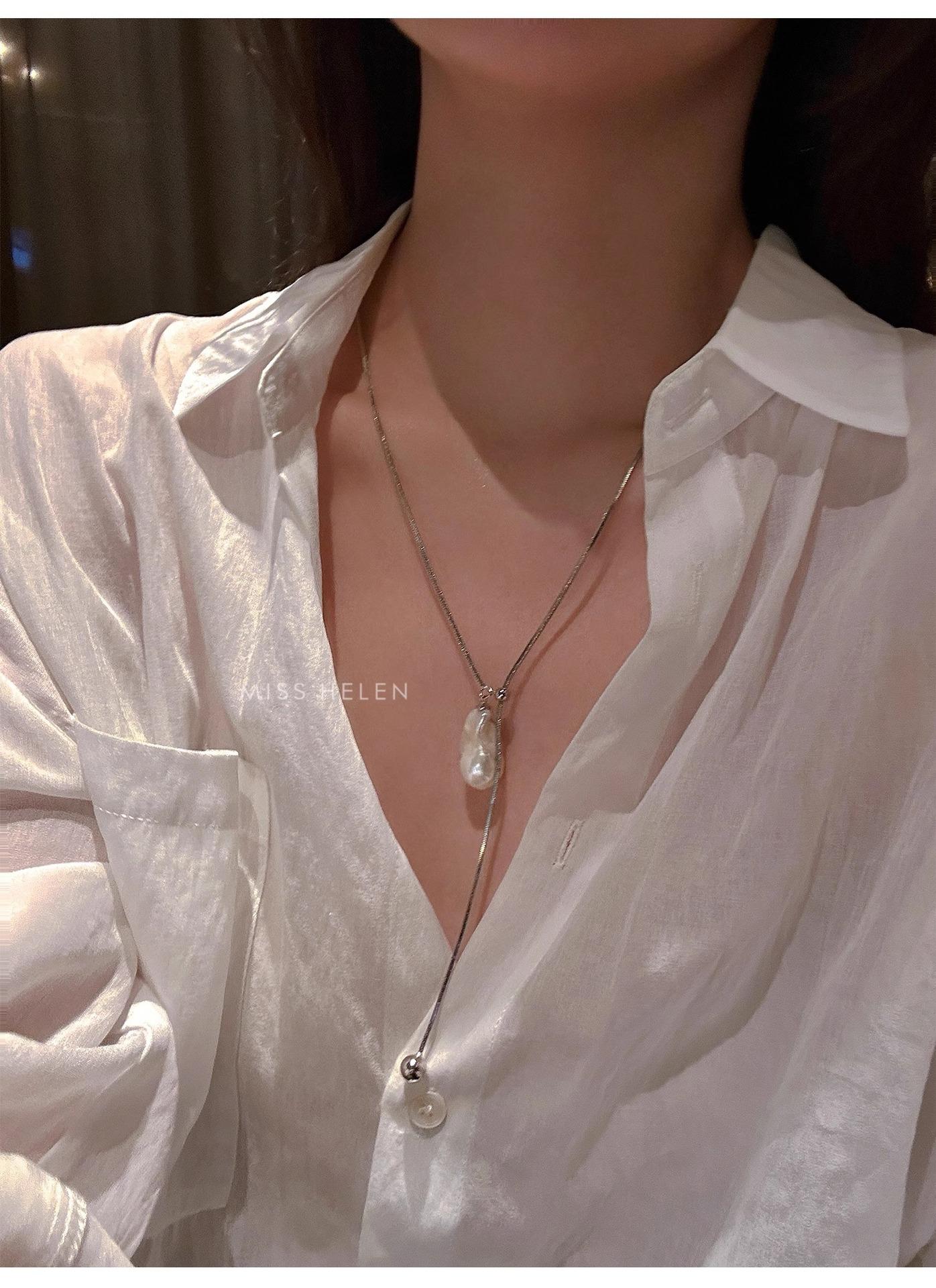 Women's Silver Gourd Bead Adjustable Necklace, Exquisite Baroque Bead Tassel Necklace