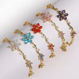 Loveden Multi-Color Zirconia Vine Flower Bracelet, Gold-Plated Alloy Green Leaf Adjustable Jewelry, Women's Daily Wear Gift
