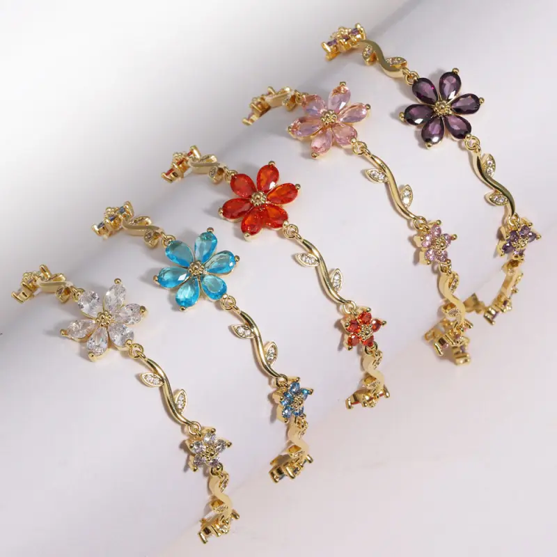 Loveden Multi-Color Zirconia Vine Flower Bracelet, Gold-Plated Alloy Green Leaf Adjustable Jewelry, Women's Daily Wear Gift