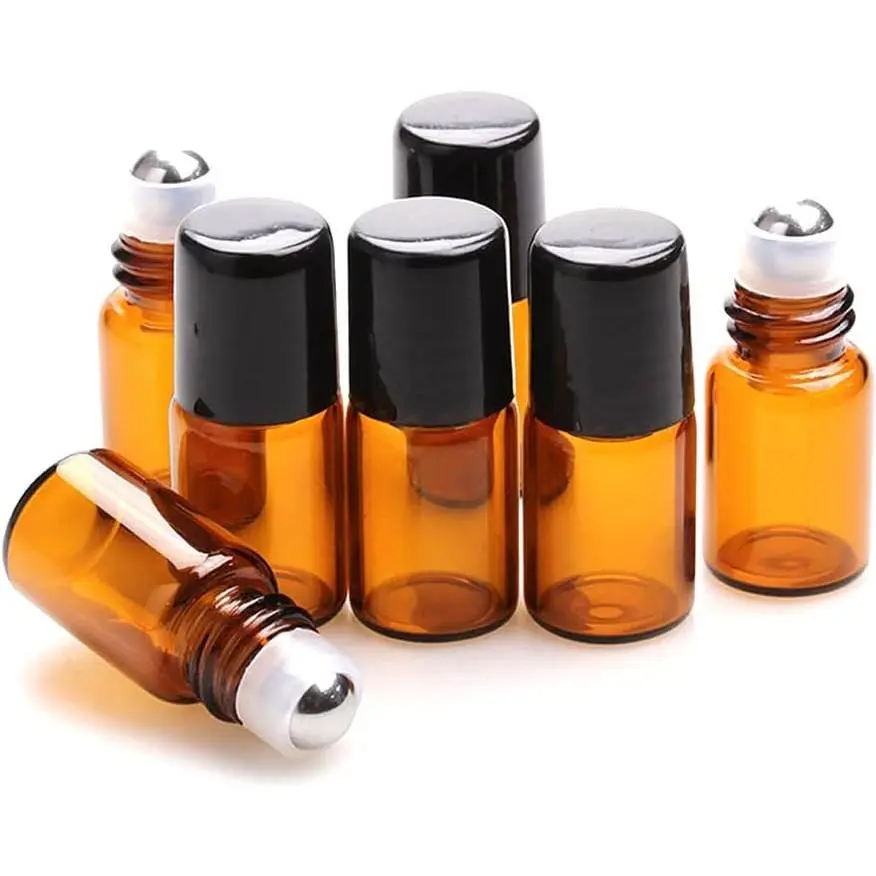 25 Pack 2ml Amber Glass Roll-On Bottles for Essential Oils, Perfume Vials with Stainless Steel Roller Balls, Black Caps, Mini Sample Vials for CosmeticsGift