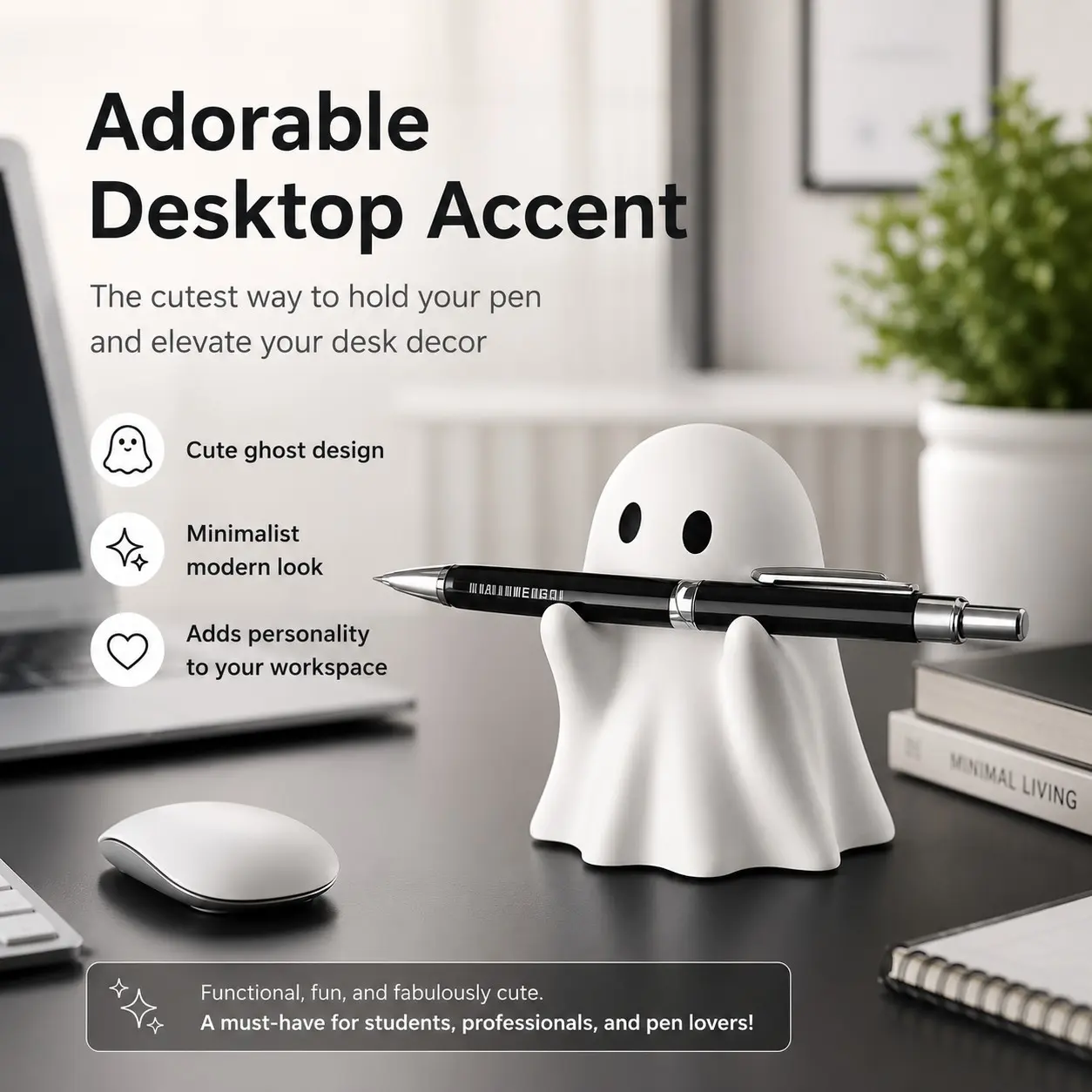 Cute Ghost Pen Holder for Desk, Adorable Desktop Pen Rest Stand, Minimalist Office Decor, Funny Stationery Accessory, School Supplies Gift