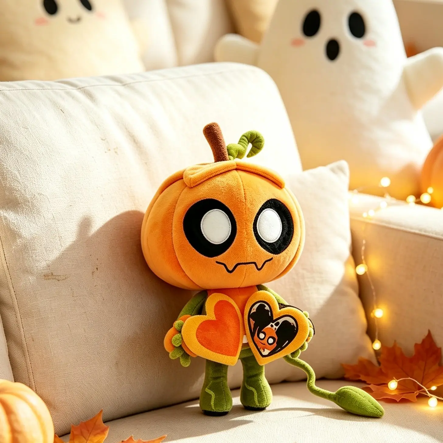 1PC Cute Pumpkin Head Plush Doll, Spooky Halloween Pumpkin Stuffed Figure with Heart Pendant, Soft Cartoon Ornament, Home Sofa Decor Gift