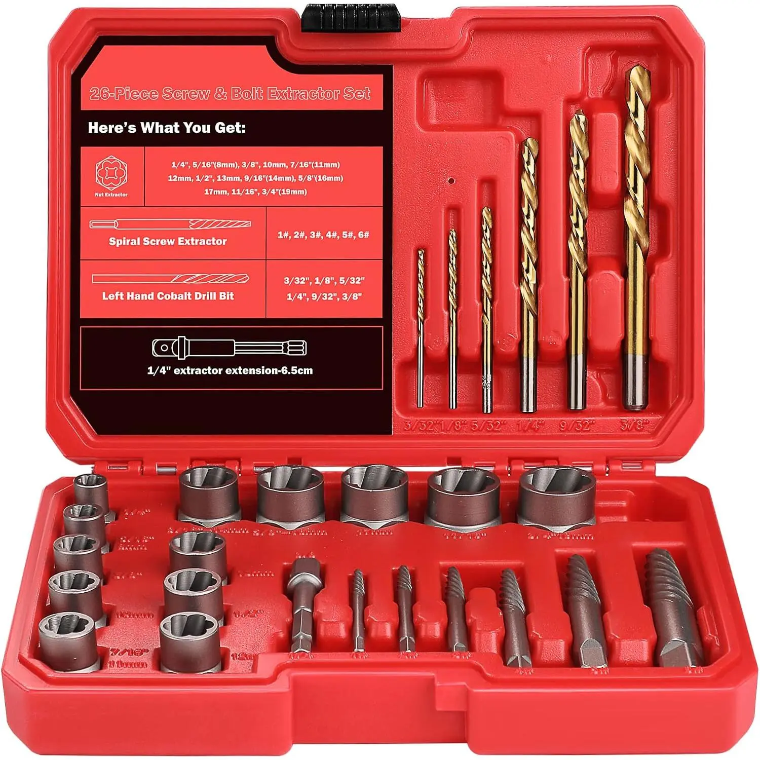 30 count Spiral Screw Bolt Extractor Set Left Hand Drill Bit Set | 6542/4341 HSS Stripped Bolt Remover Borken Bolt Extractor Kit for Removing Nuts  with Solid Storage Case