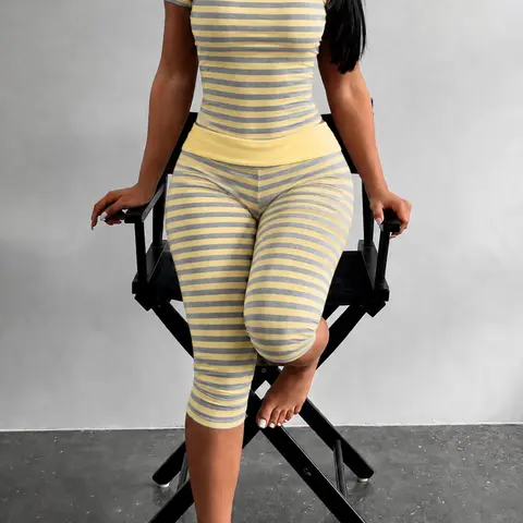 Striped Round Neck Short Sleeve Seven-Eighths Pants Set Outfit, Women Style Casual Slim Fit Crop T-Shirt and Leggings, Shiny Knit Elastic Fabric