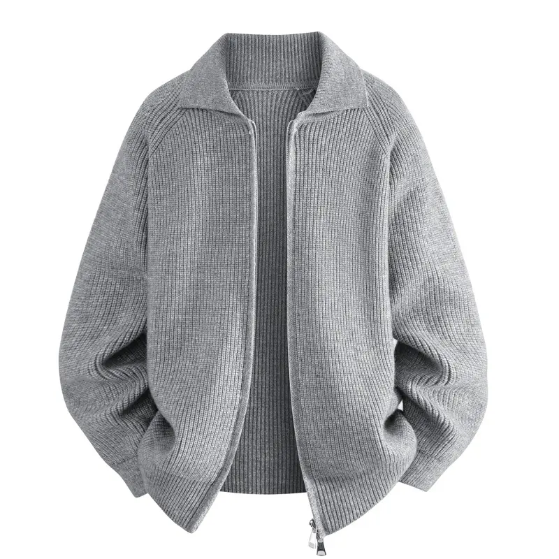 Men's Lapel Collar Zip-Up Rib Knit Cardigan - Vertical Fine Rib Texture, Raglan Sleeves, Side Hidden Pockets, Relaxed Oversized Cropped Fit, Thick Soft Warm Outerwear for Casual Autumn Winter Layered Outfits (Knitwear Tops Clothes), Acrylic Blend