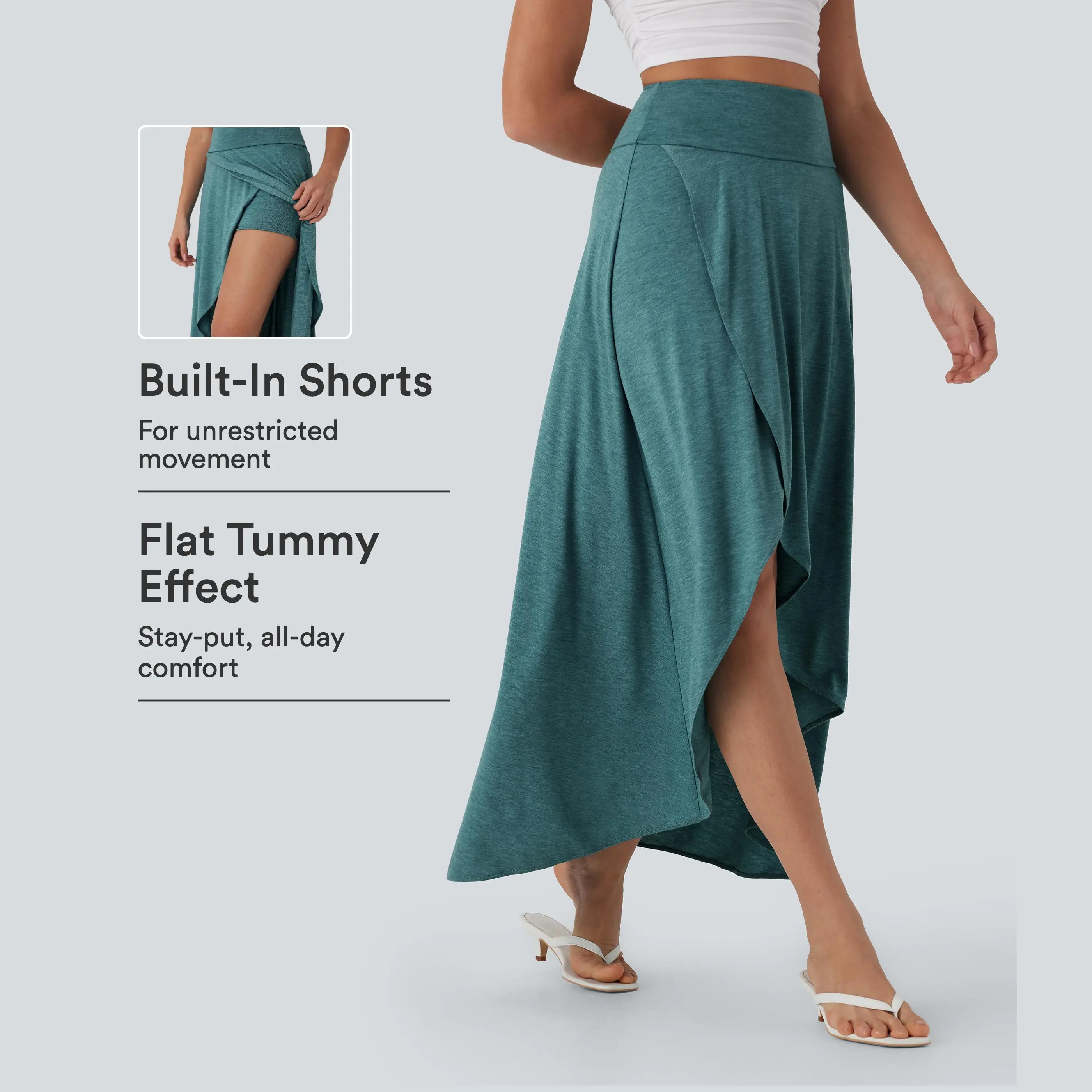 Halara SoCinched High Waisted Tummy Control Split High Low 2-in-1 Flowy Maxi Casual Skirt
