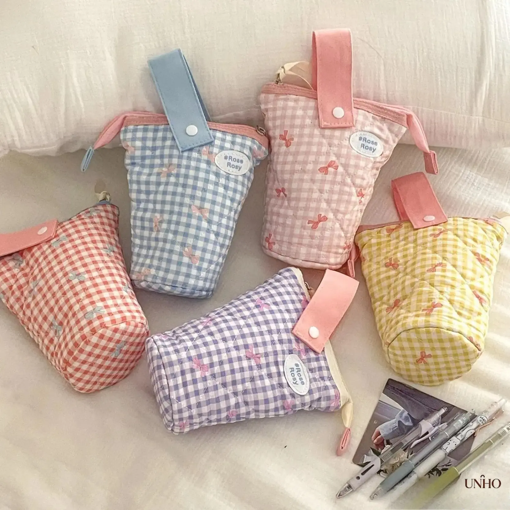 Dopamine Color Block Vertical Flip Plaid Bow Fabric Pencil Case - Cute High-Value Look Pencil Pouch, Easy-to-Clean Ample Storage Portable Stationery Organizer for Students’ Classroom Back-To-School & Office Supplies