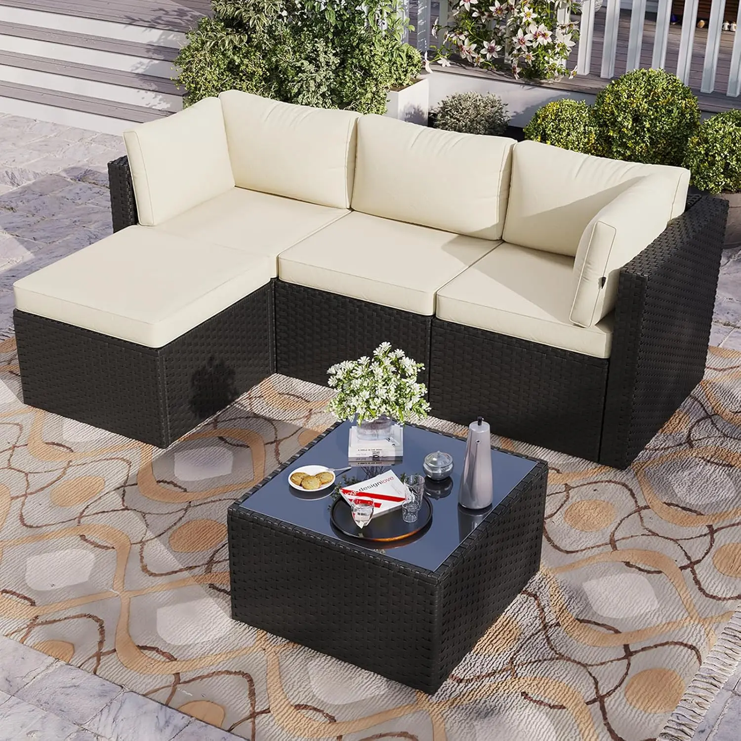 Aoxun 3-Piece Rattan Patio & Outdoor Furniture Set, All-Weather Modular Adjustable Corner Sofa with Thick Cushions, Tempered Glass Coffee Table for Garden, Balcony (Black), Patio Furniture Set
