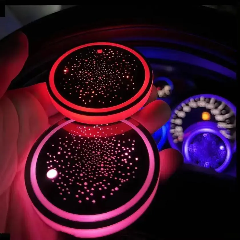 2PCS LED Cup Holder Lights for Car, Rechargeable 7 Color-Changing Coasters, Smart Luminescent Car Interior Accessories Gifts for Teens