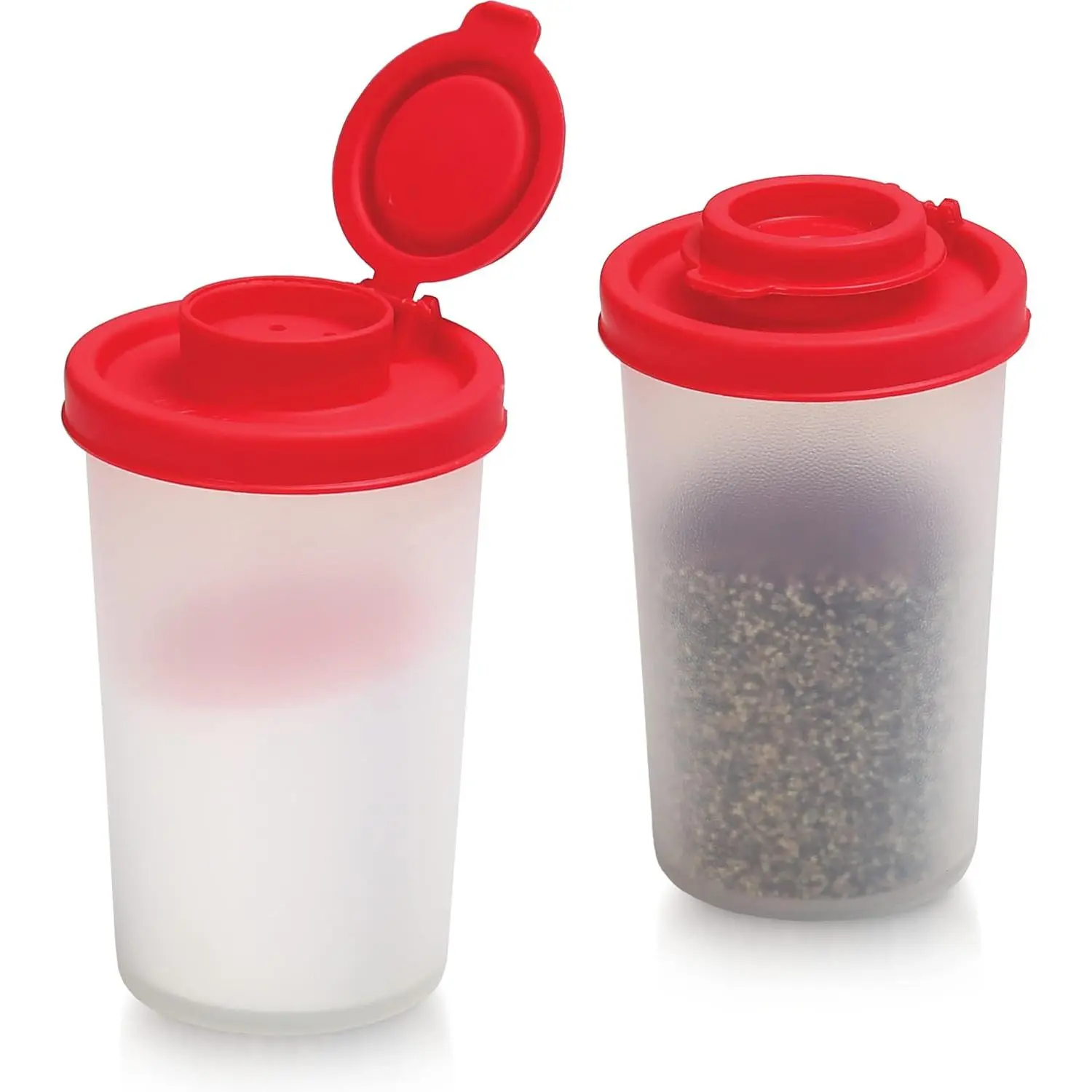 Salt and Pepper Shakers Moisture Proof Set of 2 Large Salt Shaker to go Camping Picnic Outdoors Kitchen Lunch Boxes Travel Spice Set Clear with Red Covers Lids Plastic Airtight Dispenser